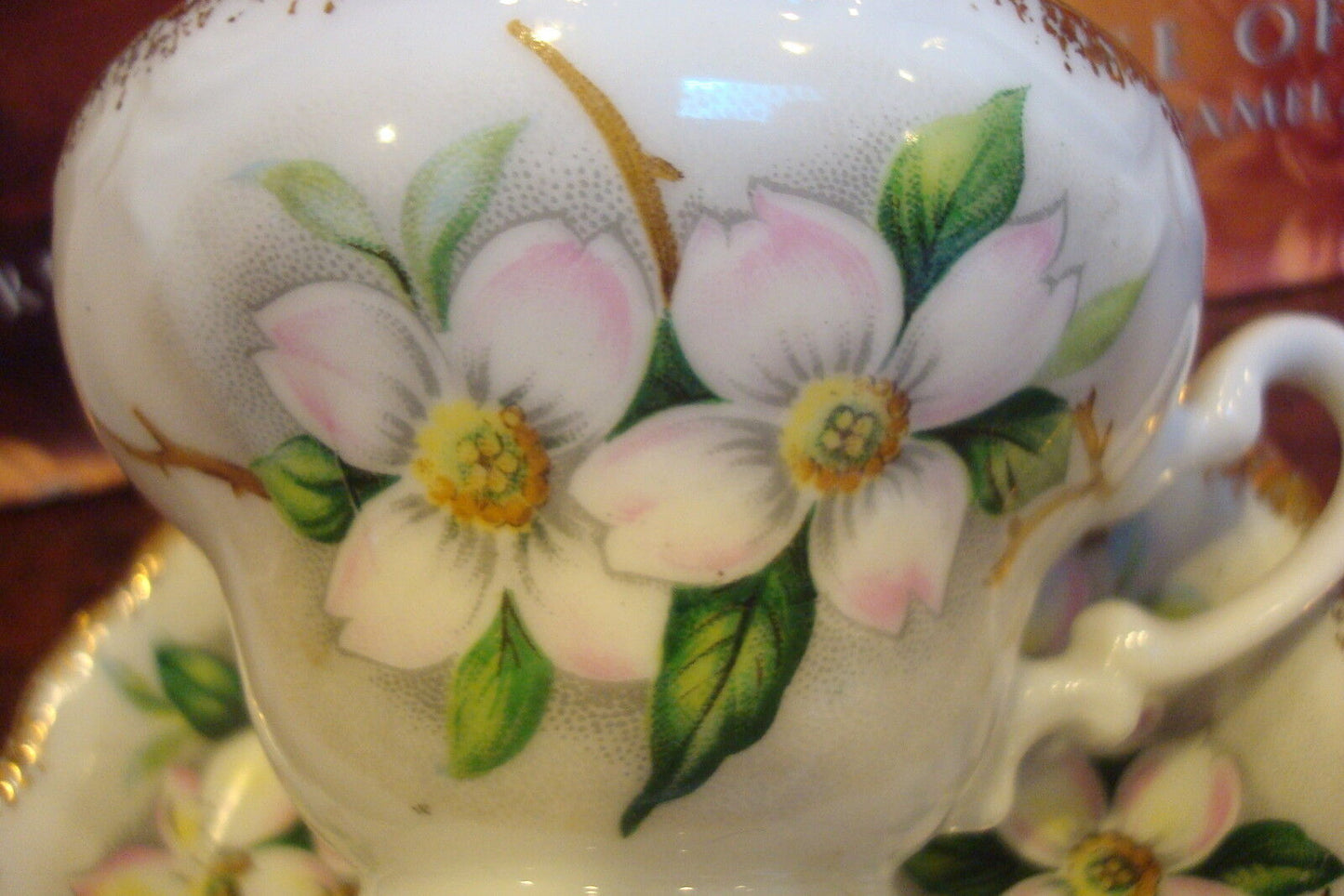 UCAGCO - Dogwood cup and saucer made in Japan, white background pink flowers