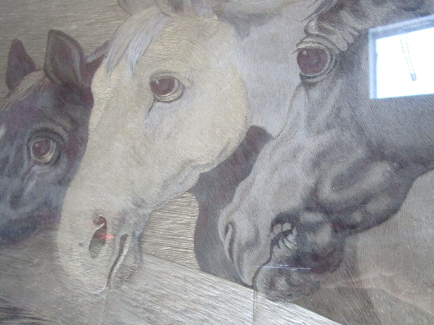 VINTAGE WOVEN SILK PAINTING ART THREE HORSES 16 1/2  12 1/2"