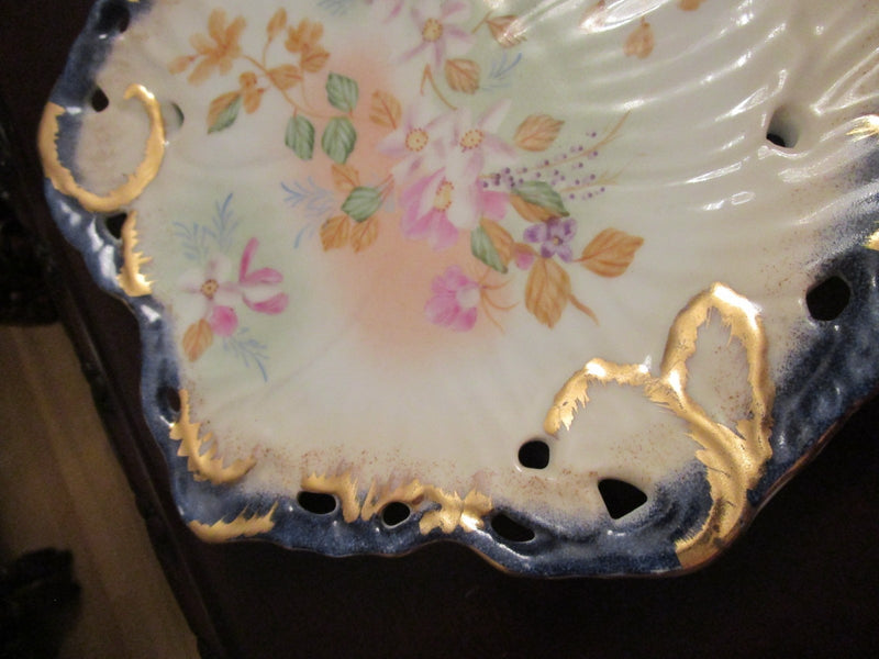 Gorgeous Gold And Blue Ceramic Square Reticulated Tray Mystery Mark 9 3/4" [#28]