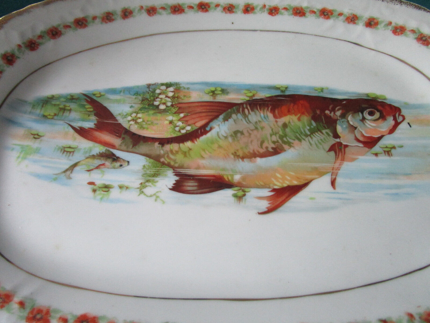 ANTIQUE CERAMIC FISH TRANSFERWARE TRAY 16 X 12" original