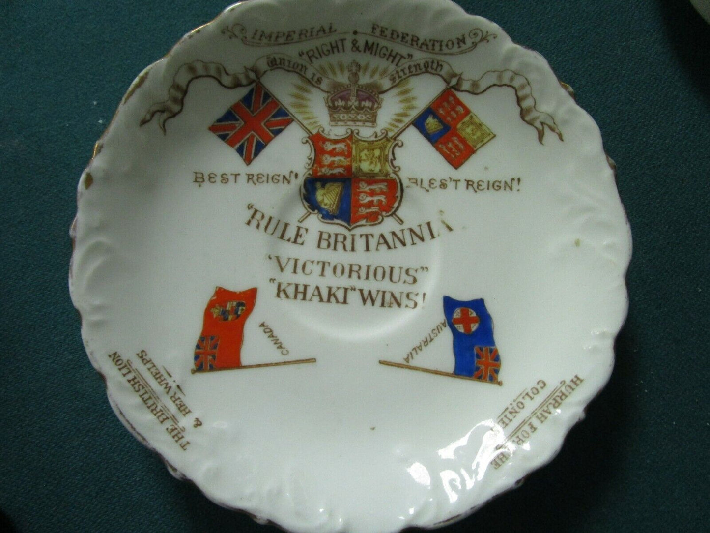 ANTIQUE AYNSLEY DISH RULE BRITANNIA VICTORIOUS KHAKI DISH 5 1/2"