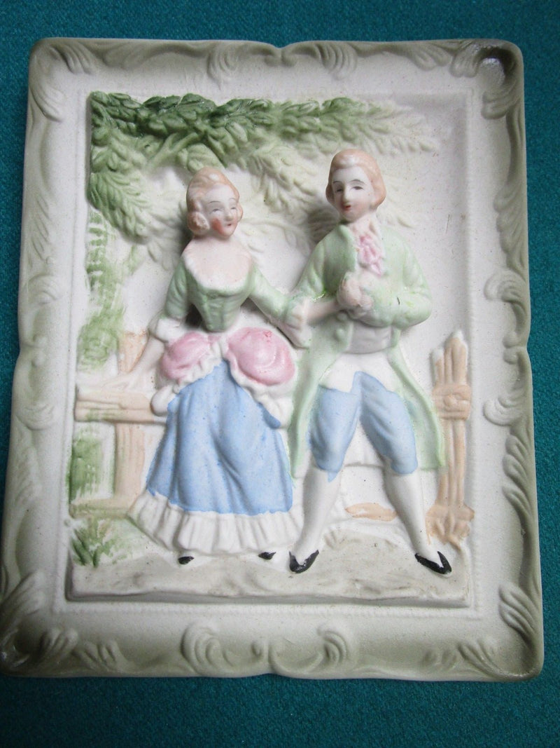CHASE CERAMIC BISQUE JAPAN 1940s WALL PLAQUES VICTORIAN COUPLE 4 X 5"