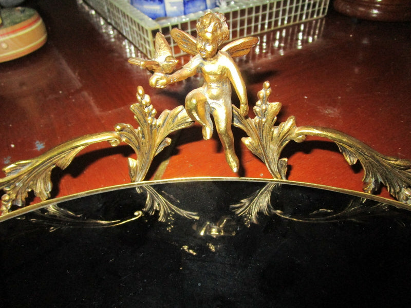FRENCH ORMULU ANGELS BRASS BLACK GLASS OVAL VANITY TRAY