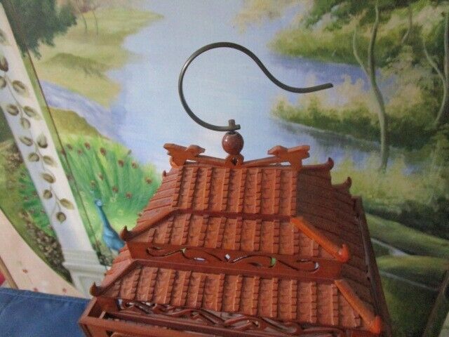 ANTIQUE CHINESE BIRD TEAK CAGE WITH CERAMIC BIRD 17 X 9 X8"