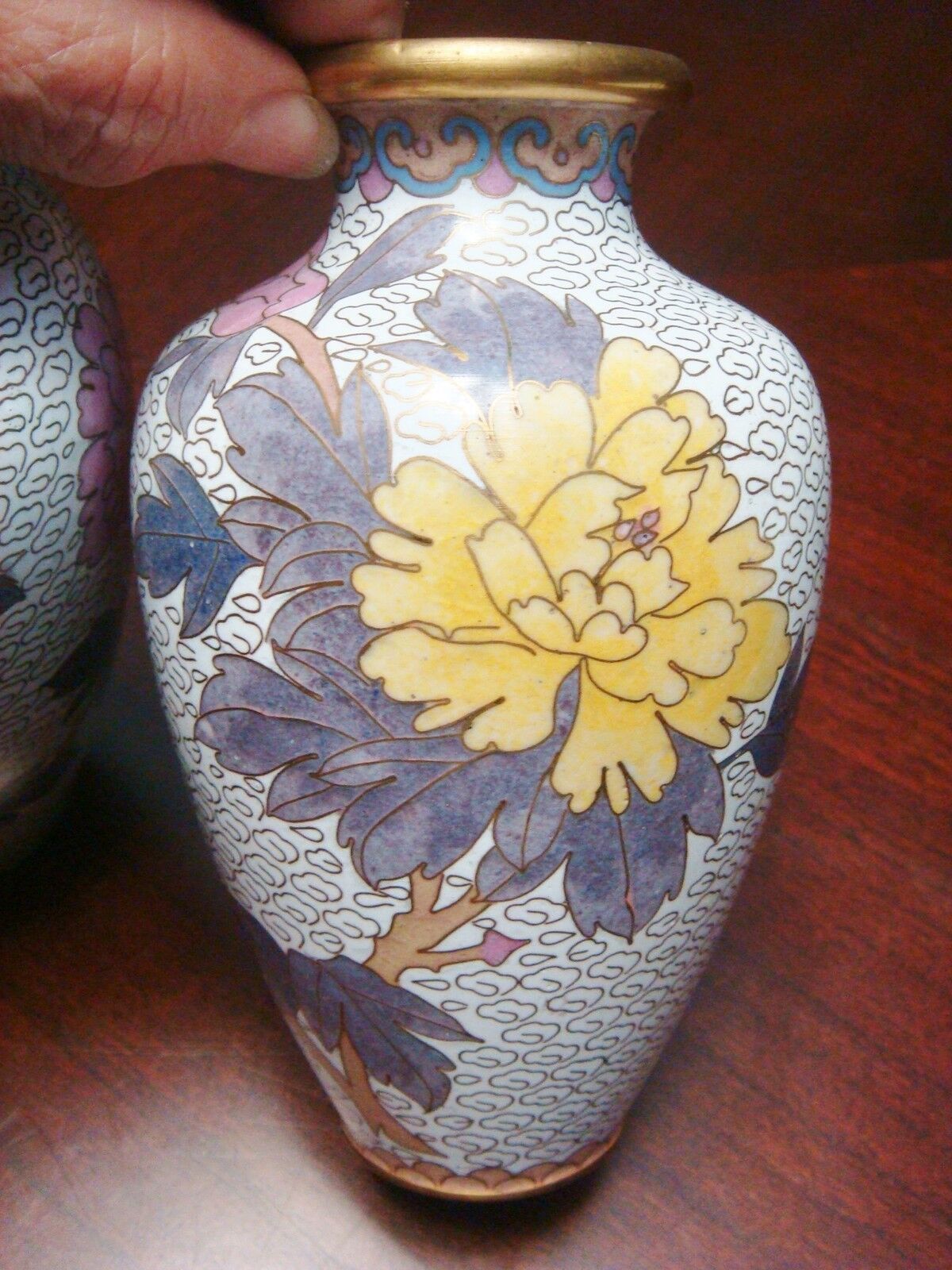 Vintage pair of Chinese Cloisonne vases pink and yellow Chrysanthemus  flowers