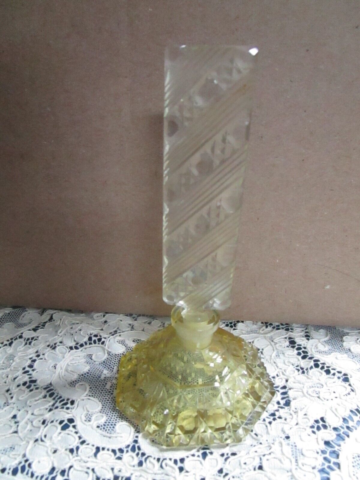 Vintage Yellow crystal Czech 7" tall faceted clear stopper