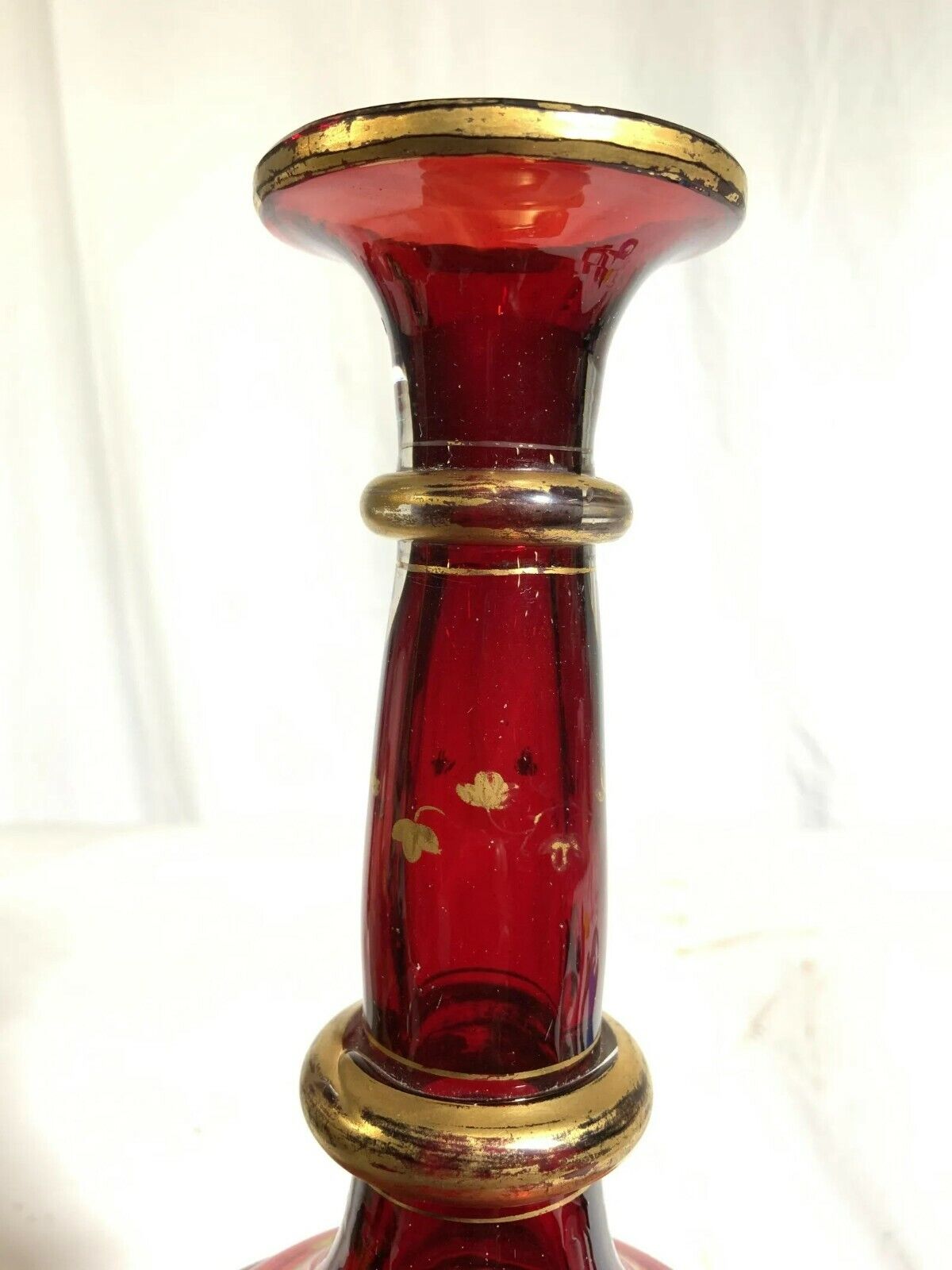 ANTIQUE BOHEMIAN GLASS RED VASE cranberry with gold gilt  floral, vine and leaf