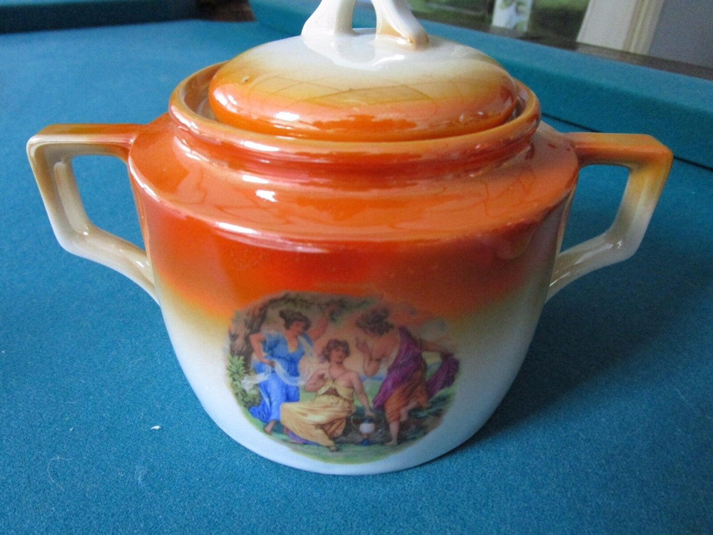 ZSOLNAY HUNGARY COFFEE SET ORANGE LUSTER DANCING MAIDENS STENCILED 1940s UNIQUE