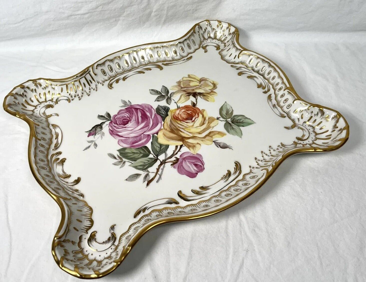 19th CENTURY EDME SAMSON CIE LARGE FLORAL CERAMIC TRAY ROSES AND GOLD 18"