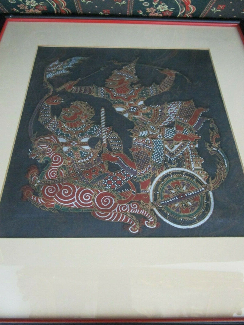 THAI KALAGA ART EMBROIDERED SILK WAR CHARRIOTS FRAMED PAINTING