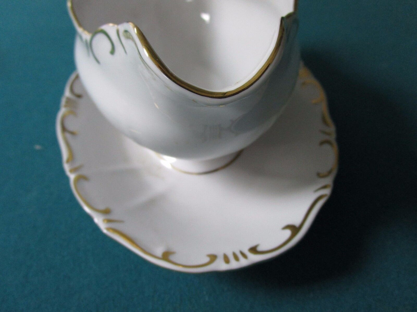 ZSOLNAY HUNGARY GRAVY BOAT WITH ATTACHED UNDERPLATE WHITE/GOLD ACCENTS 1960s