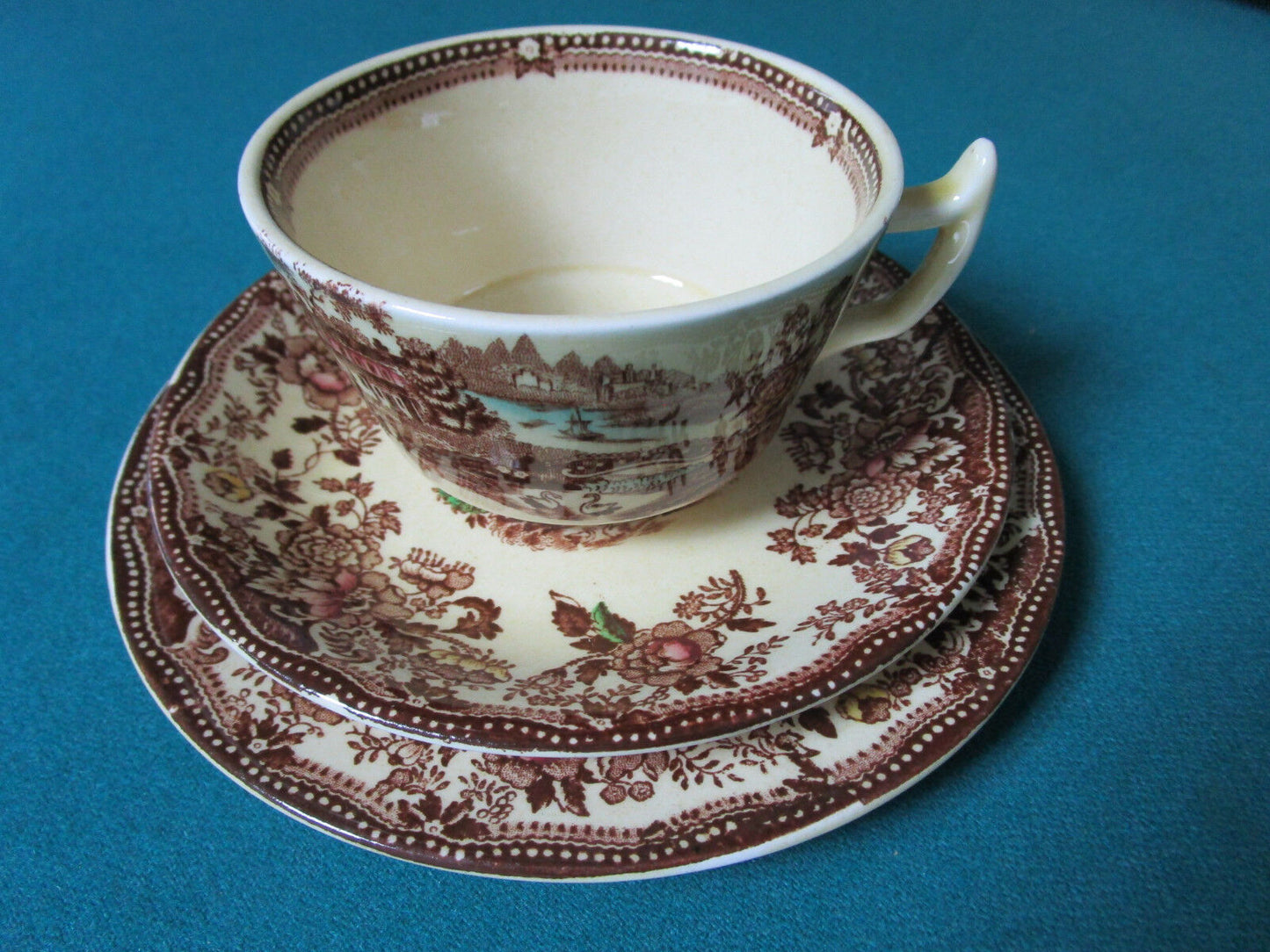 Alfred Meakin England Tonquin Brown Transfer Trio Cup Saucer Plate Original ^^