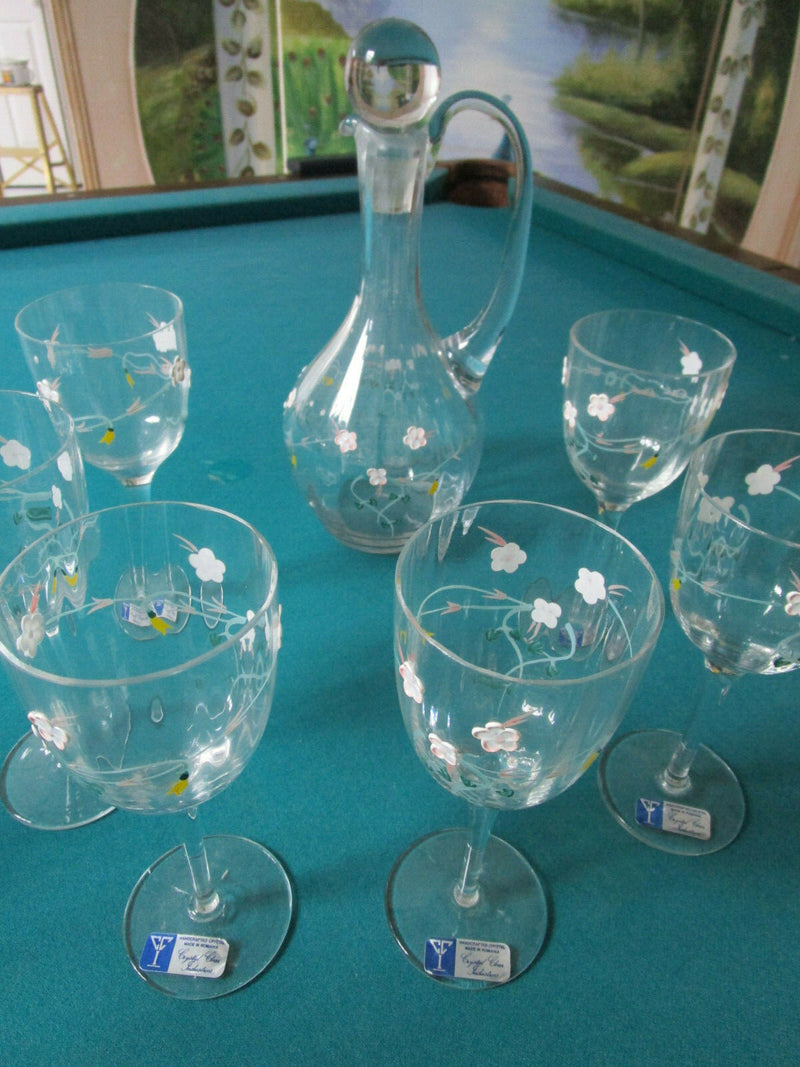 CRYSTAL DECANTER AND 6 GLASSES EUROPEAN MADE IN ROMANIA APPLIED FLOWERS