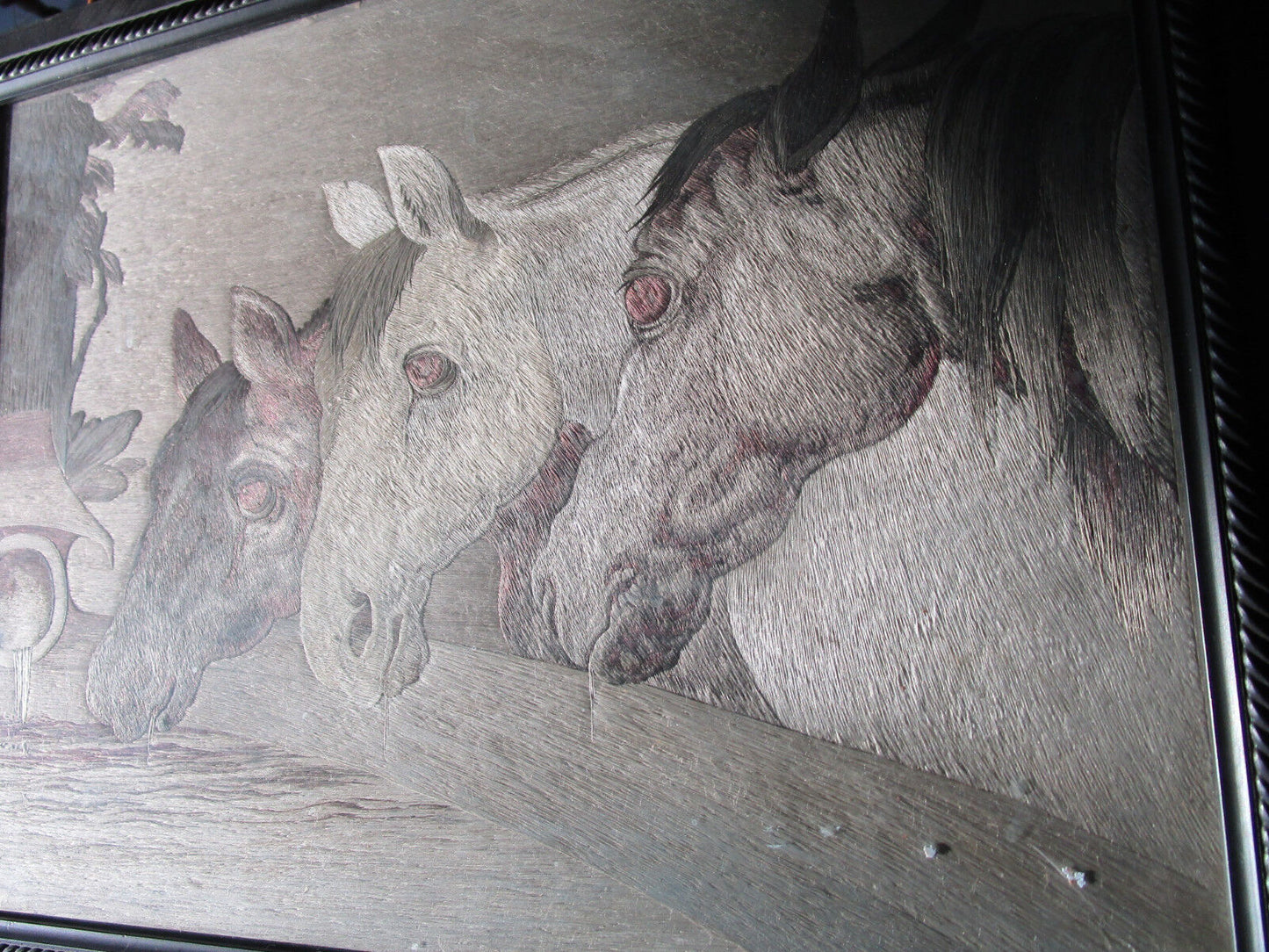 VINTAGE WOVEN SILK PAINTING ART THREE HORSES 16 1/2  12 1/2"