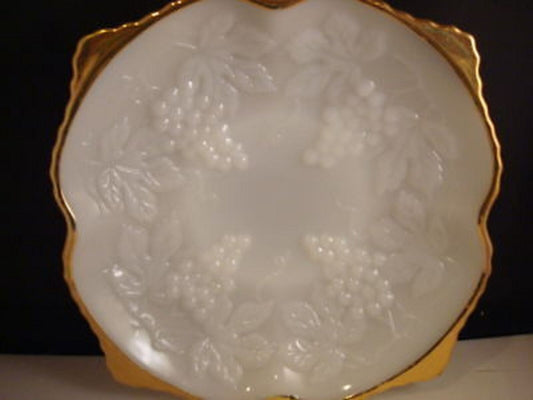 Anchor Hocking footed fruit bowl milk glass grape pattern, gold rim, c1950