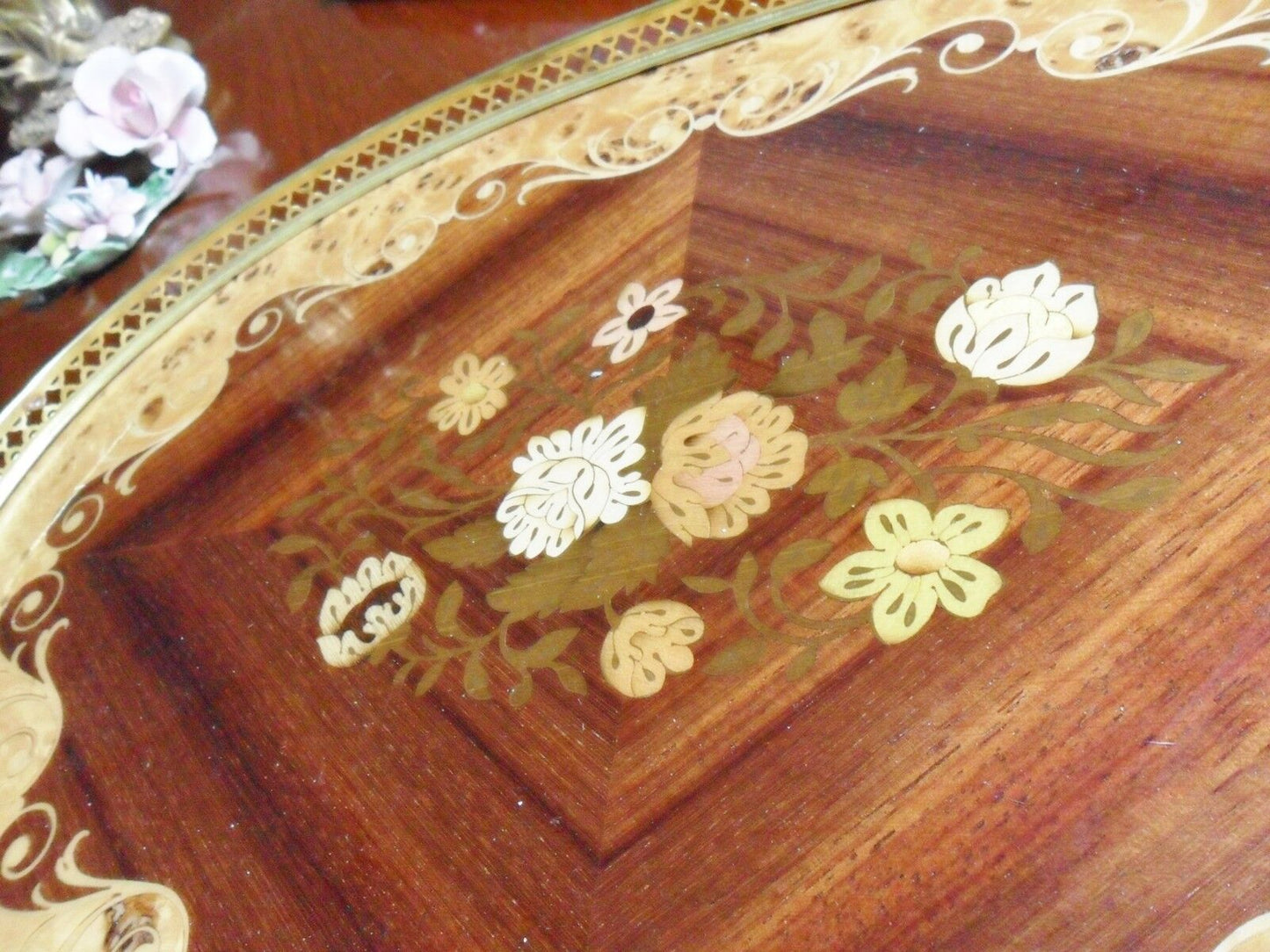 Vintage Italian Wood Inlay Serving Tray  Brass Floral Flower 2 handles [*]