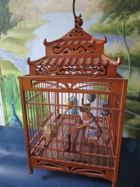 ANTIQUE CHINESE BIRD TEAK CAGE WITH CERAMIC BIRD 17 X 9 X8"