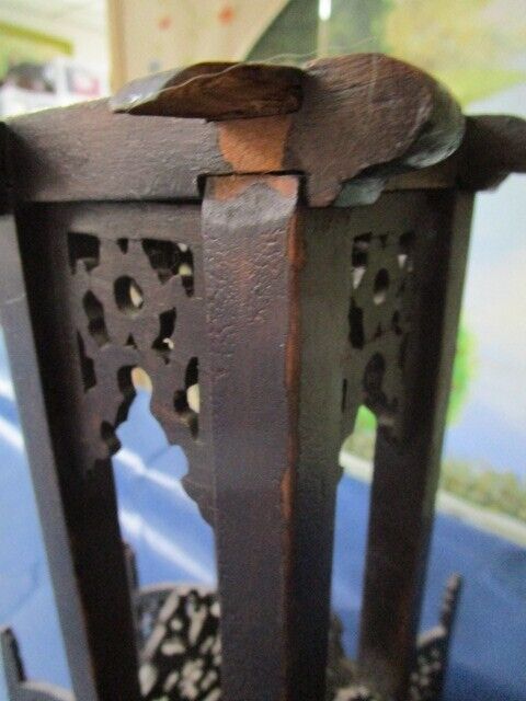 ANTIQUE /vintage Oriental WOOD CARVED INCENSE TOWER 12" TALL STAIRS BUILDING