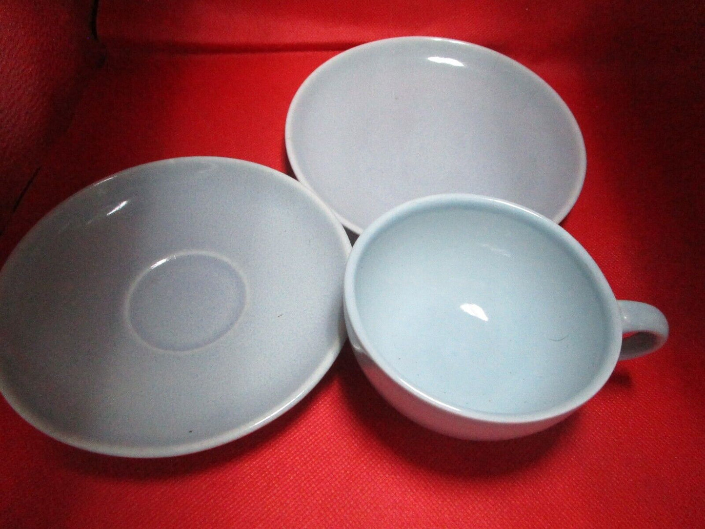 Russel Wright TRIO cup, saucer and cake plate Iroquois blue