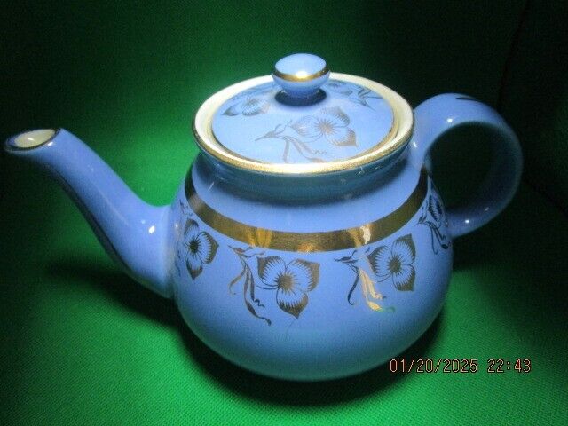 HALL USA POTTERY BLUE AND GOLD TEAPOT 6 X 9" ^^