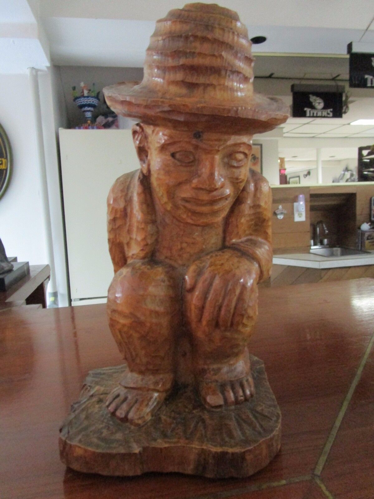 WOOD HAND CARVED sculpture Hispanic ARTIST, SIGNED "MM", POOPING MAN