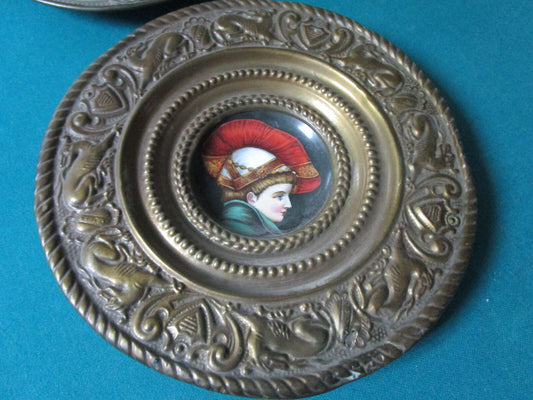 ANTIQUE CERAMIC WALL PLAQUE FRENCH FAIENCE PLATE BOY PORT BRASS HAMMERED FRAME