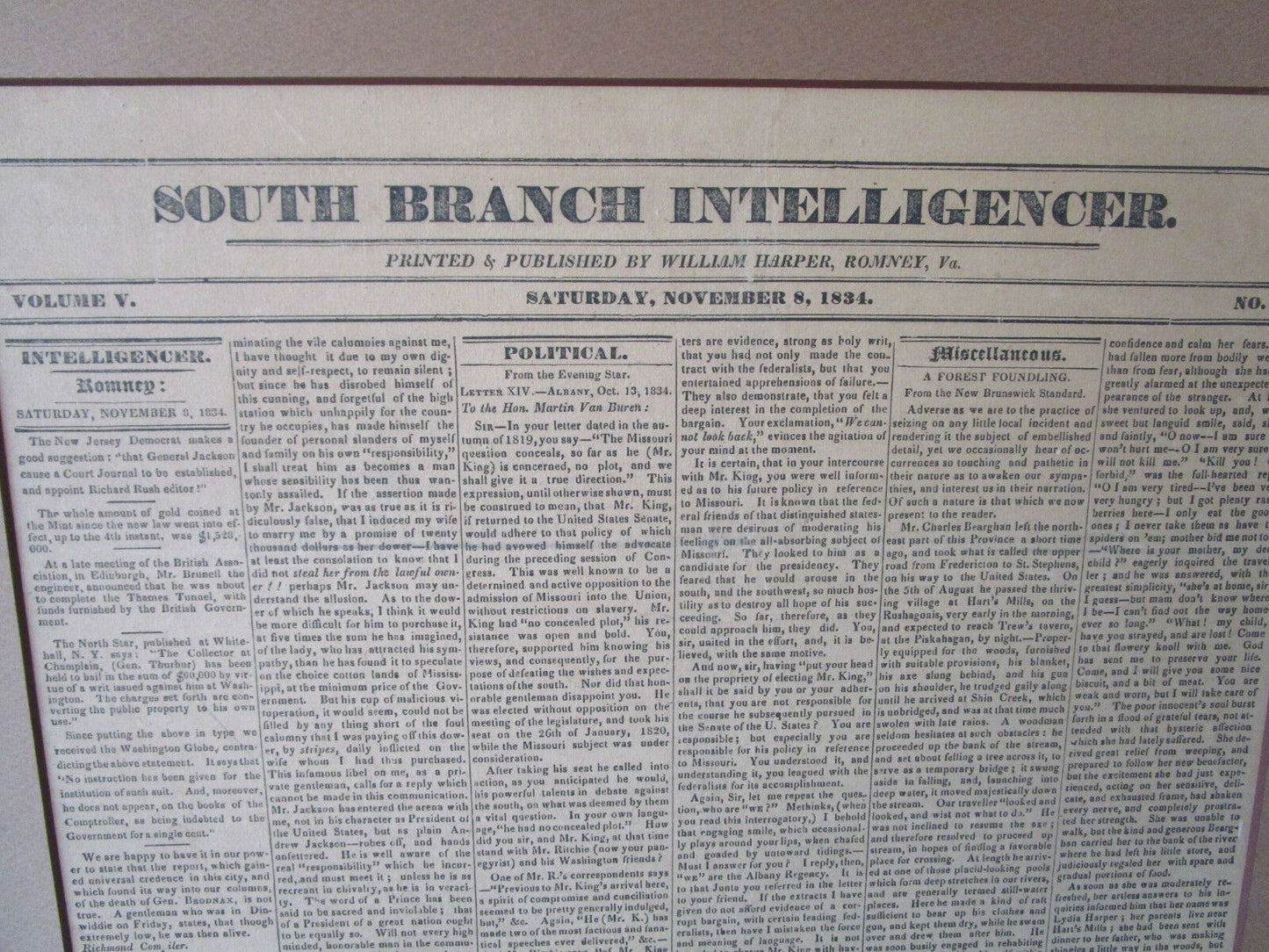 4 ANTIQUE 1830s FRAMED PAGES OF T"HE SOUTH BRANCH INTELLIGENCER"