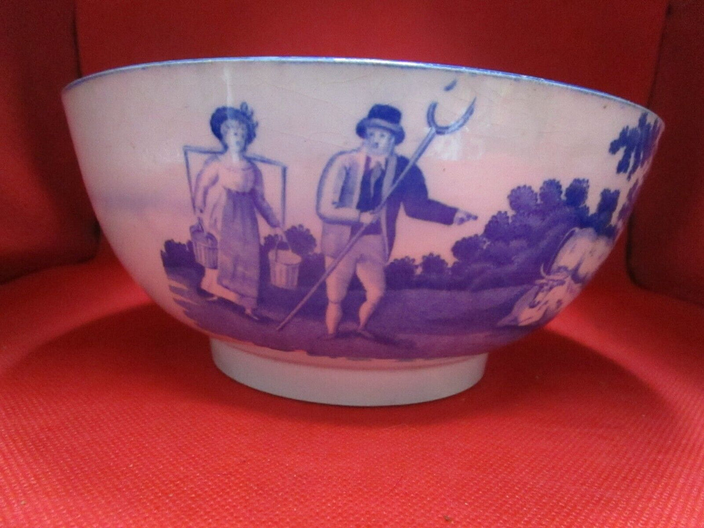 Antique Chinese bowl blue transferware peasants farmers