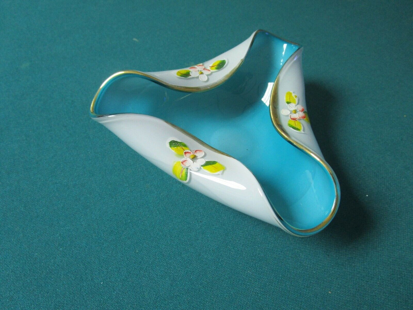 TRI SIDED BOWL HANDKERCHIEF  HAND APPLIED FLOWERS 6 X 6 X 2 1/2" TURQUOISE GOLD