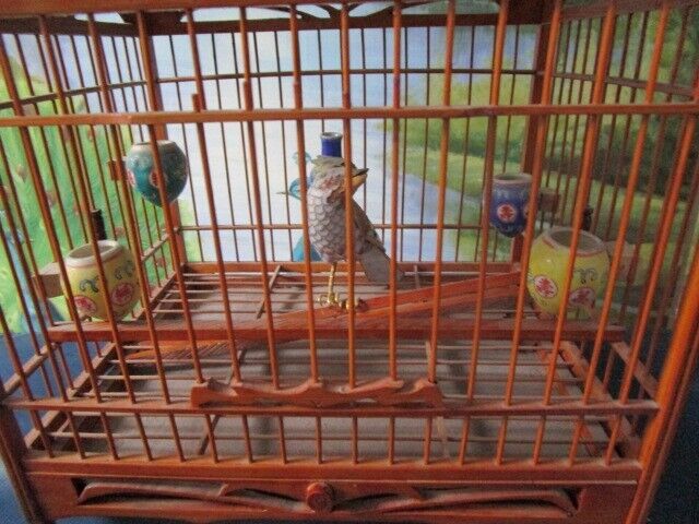 ANTIQUE CHINESE BIRD TEAK CAGE WITH CERAMIC BIRD 17 X 9 X8"