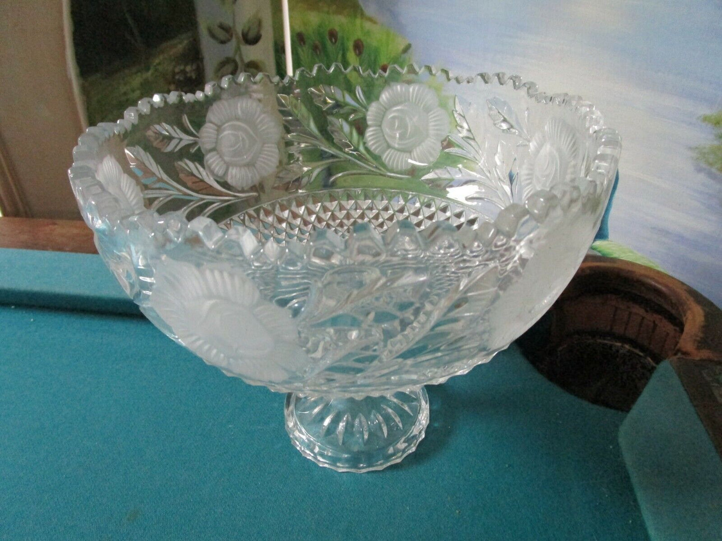 VINTAGE AMERICAN BRILLIANT FLOWER PERIOD FOOTED BOWL CUT GLASS FROSTED [TOP4]