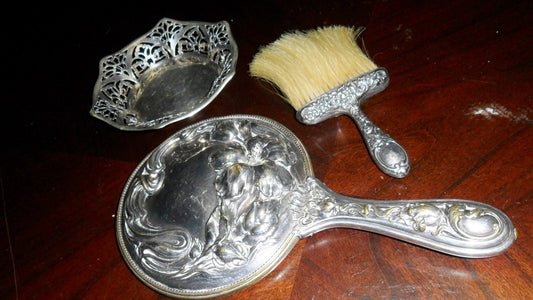 Silverplate vanity set of mirror, pin dish and brush ORIGINAL ^^^