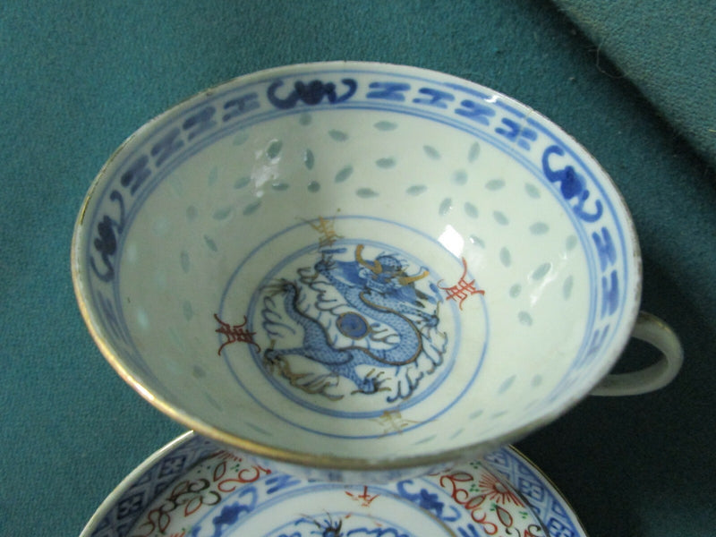 ANTIQUE JAPANESE CUP SAUCER DRAGONS AND RICE GRAIN [83]