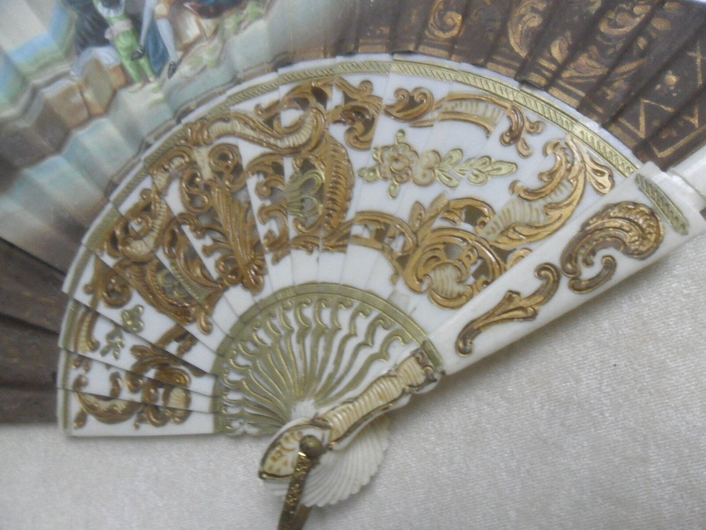 1950's SPANISH FOLDING  FAN Hand Painted Signed J. Ramon carved  sticks