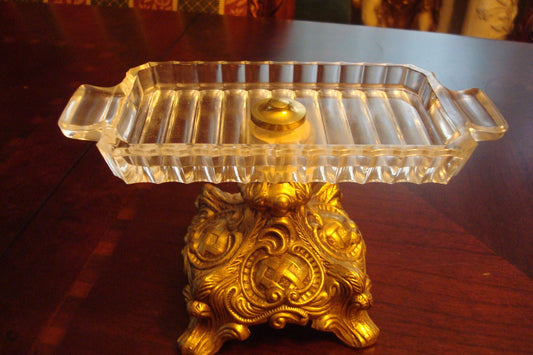 Mid Century Glass and brass? footed tray, 4" tall by 7" by 3" [Russ]