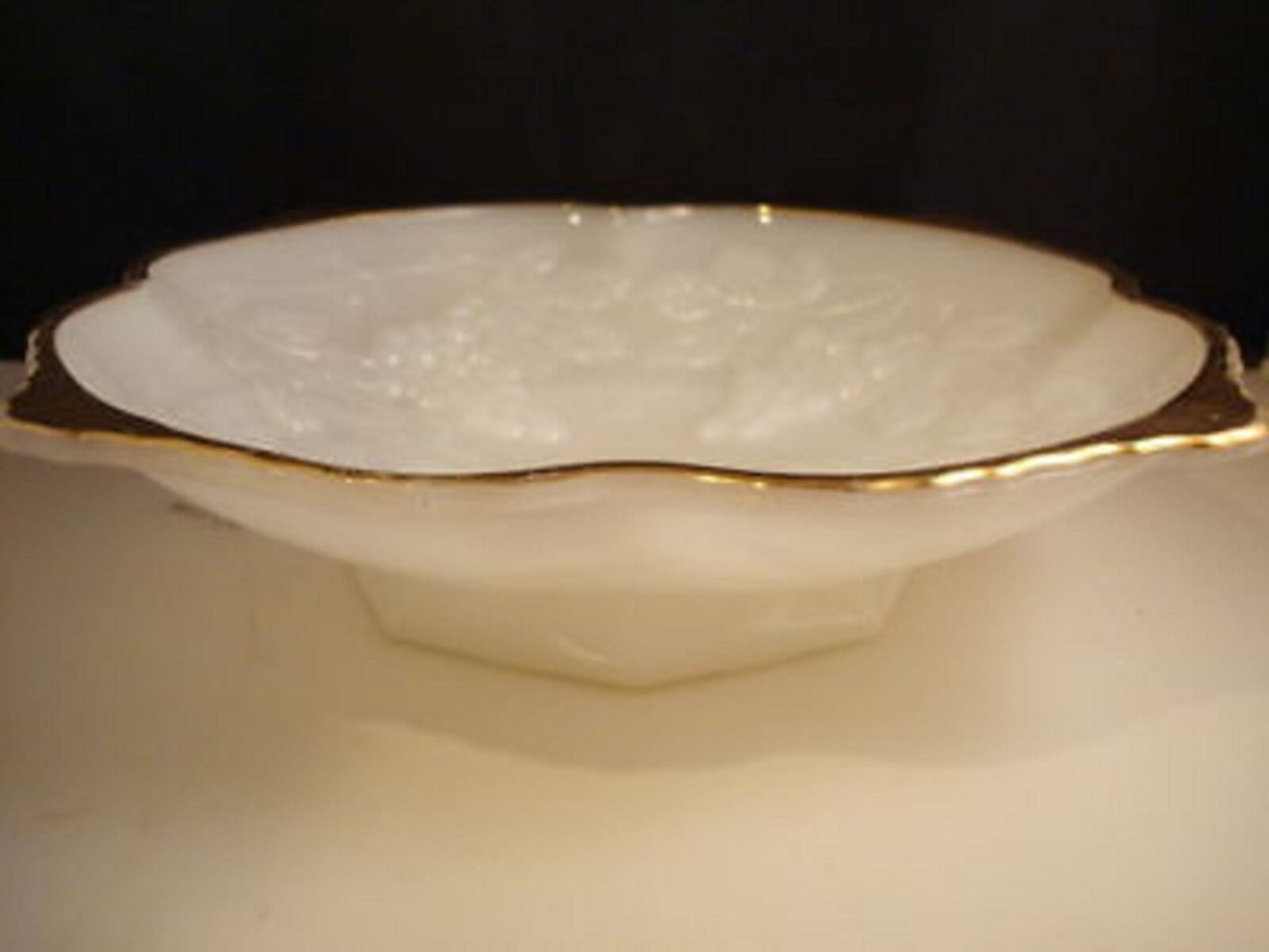 Anchor Hocking footed fruit bowl milk glass grape pattern, gold rim, c1950