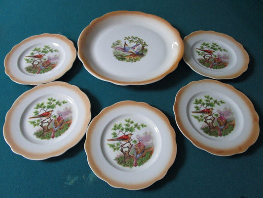 ZSOLNAY HUNGARY 1900s PLATTER AND 5 BIRD PLATES SIGNED BY ARTIST RARE!! [ZS]