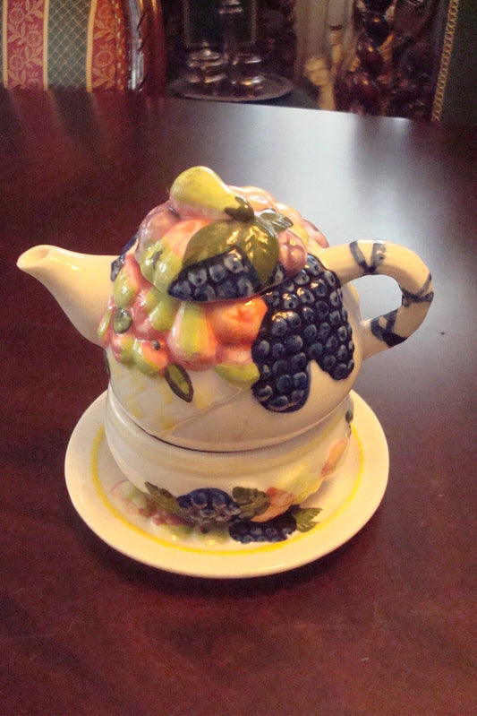 Tower Teapot, tea x 1, cup and underplate, decorated with fruits STACKABLE [80D]