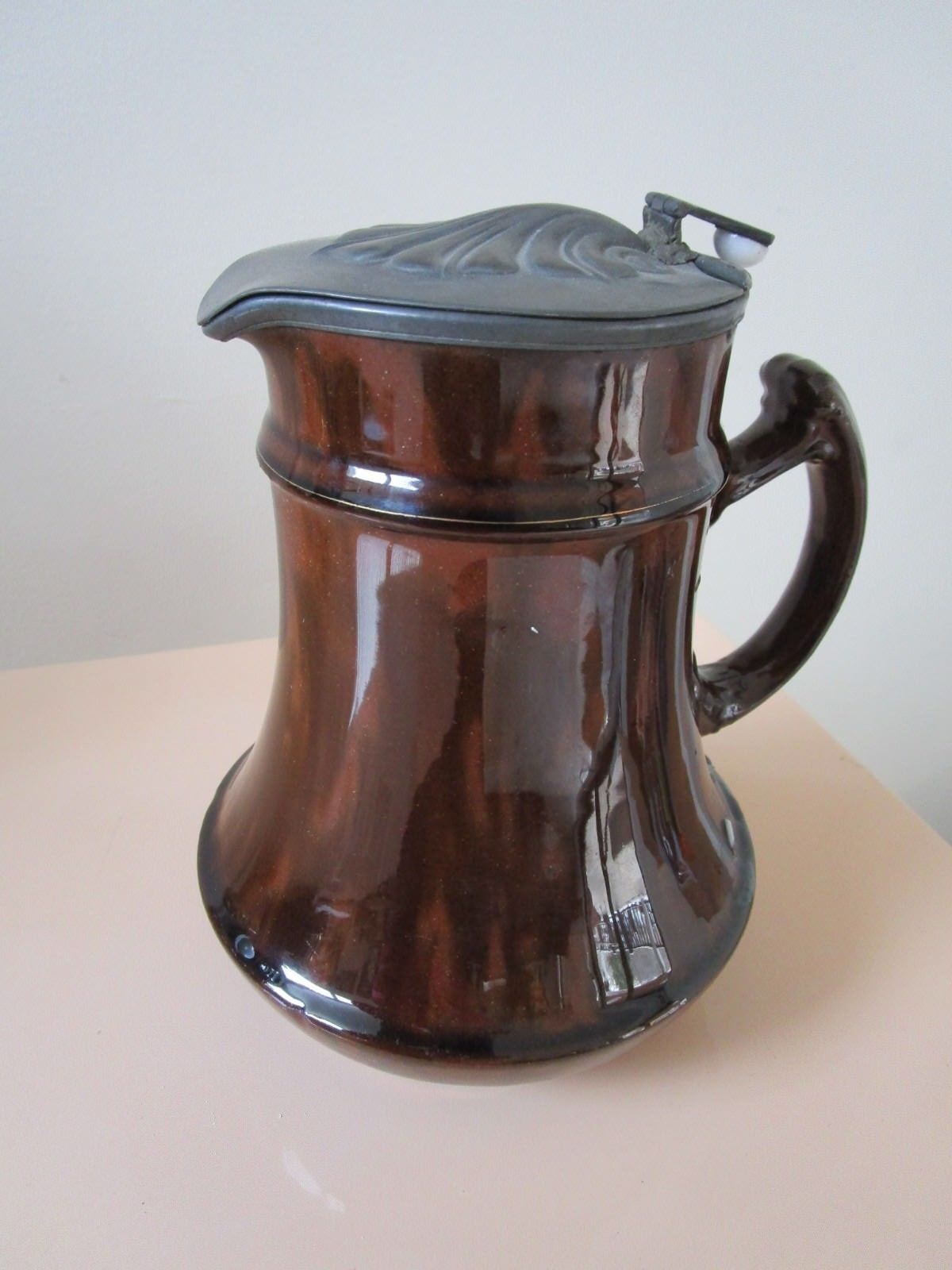 ANTIQUE BROWN GLAZE PEWTER COVER HINGED  PITCHER SYRUP 7 X 6" ORIGINAL