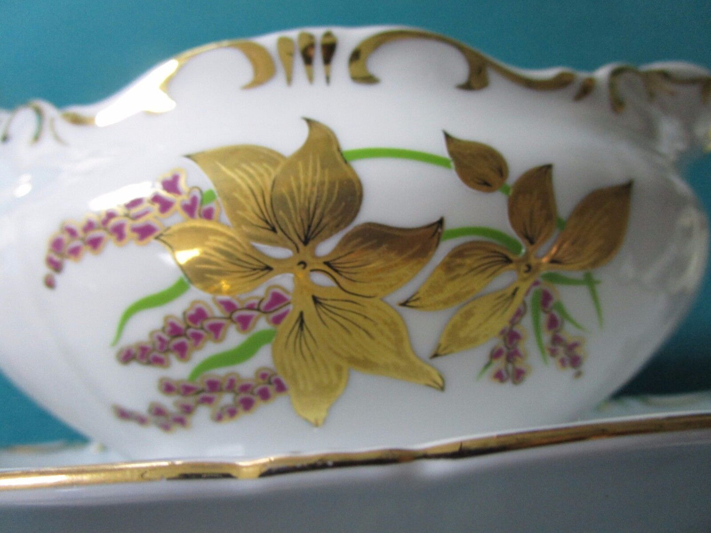 Zsolnay Hungary Gravy Boat Attached Underplate Golden Iris 1940s [58]