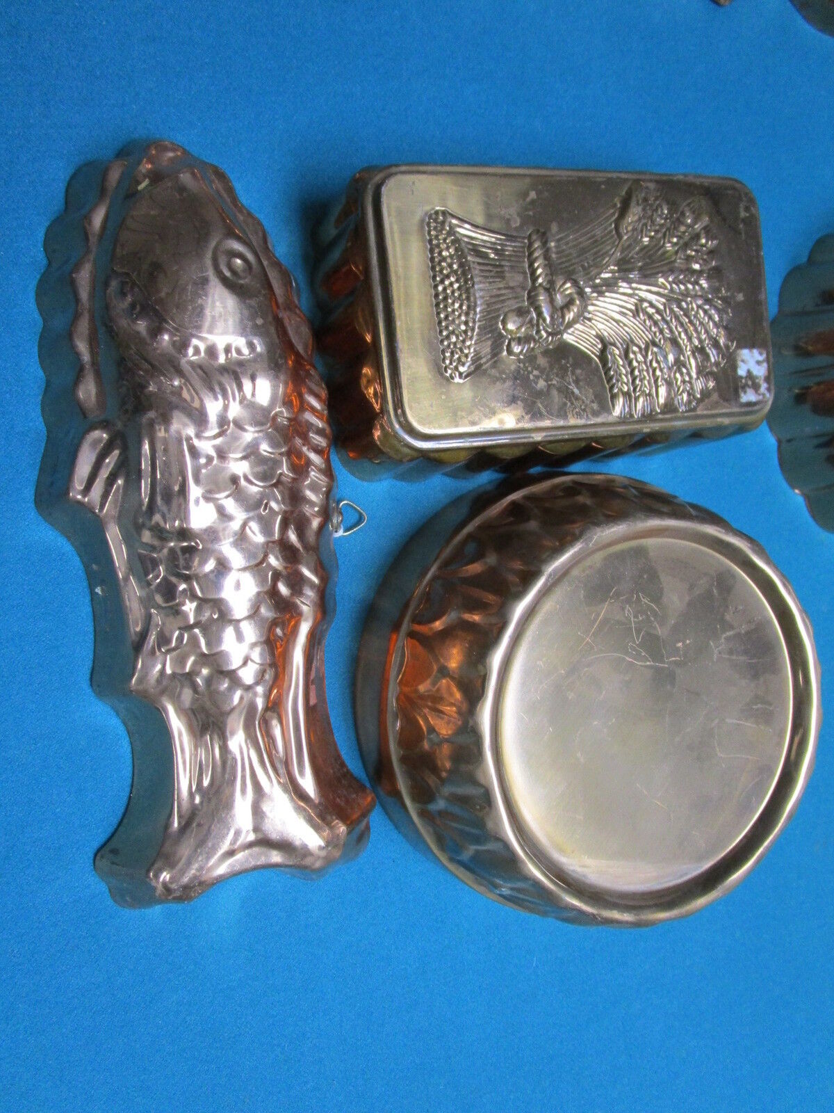 7 gelatine molds, copper and silverplate, with hangers ORIGINAL 1950'S