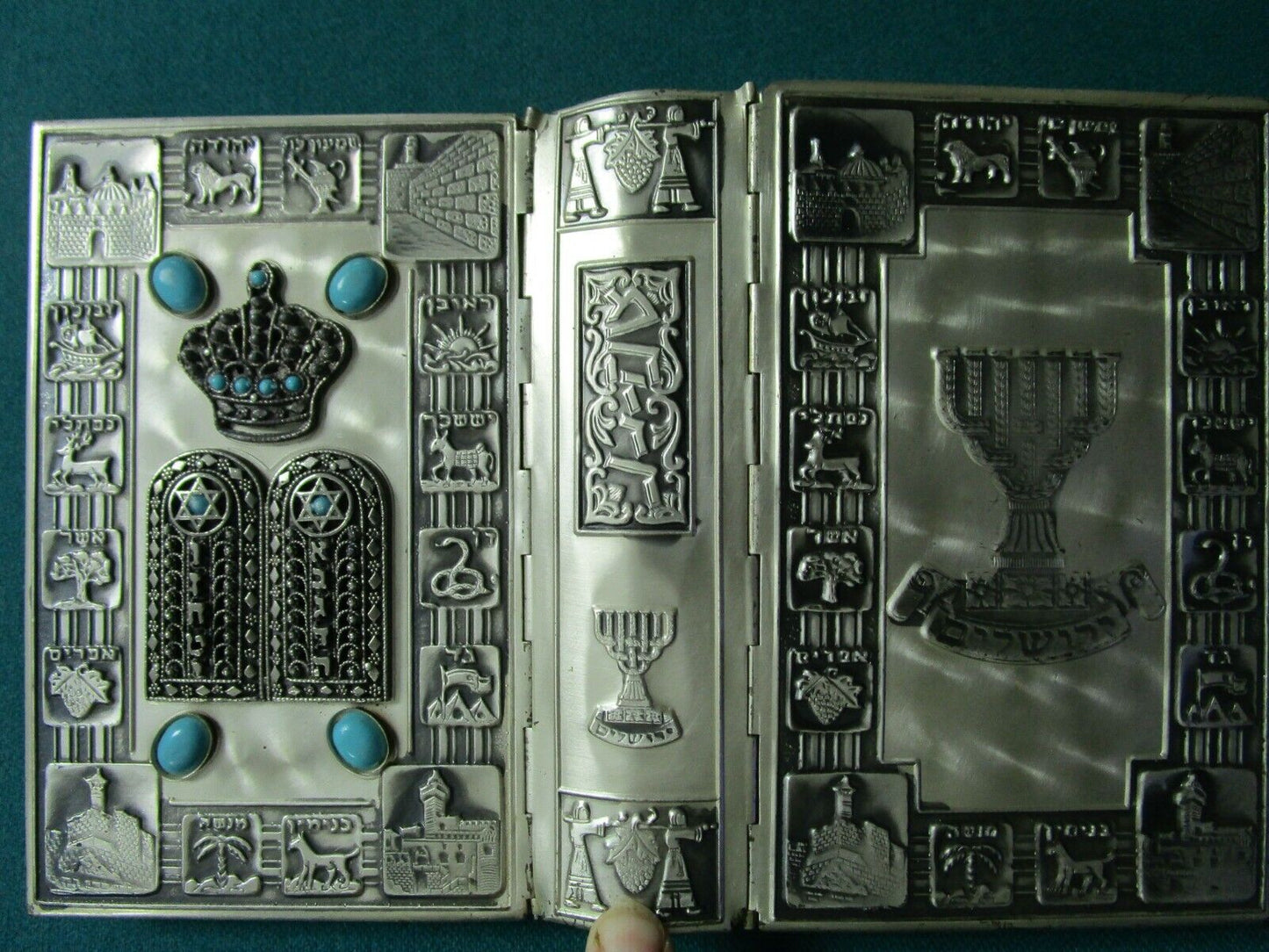 1968 HEBREW SILVER AND TURQUOISE BOUND SIDDUR PRAYER BOOK, H 5 1/2", W 3.5"