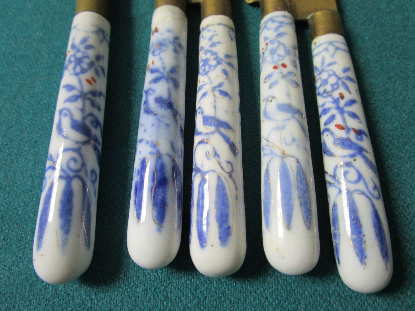 Antique 10 Fruit Knives Blue White China Handles Brass Blades Bohemia Czech.6"