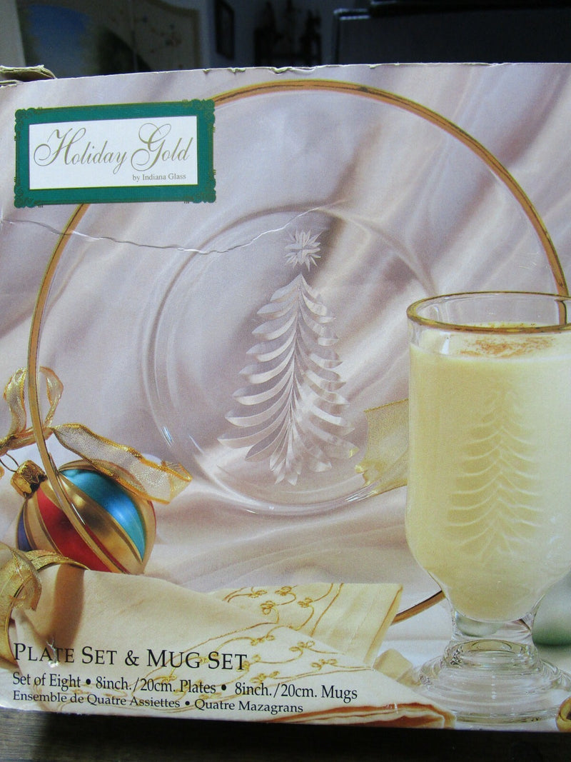 Indiana Glass Holiday Gold Mug Set Dish Cups 8 Pcs New In Box