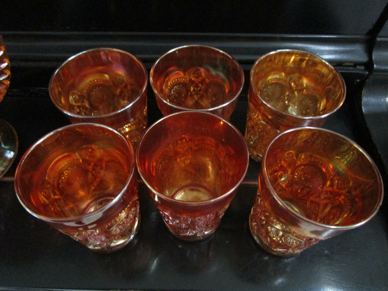 MARIGOLD IMPERIAL CARNIVAL GLASS PITCHER AND 6 TUMBLERS PICK 1