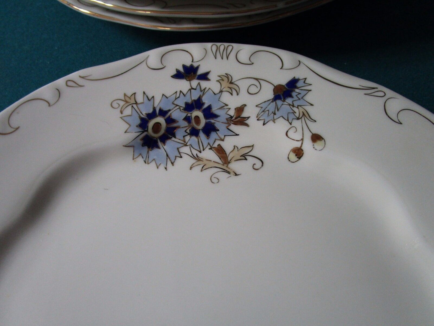 ZSOLNAY HUNGARY 6 DINNER PLATES BLUE CORNFLOWERS PATTERN 1960s