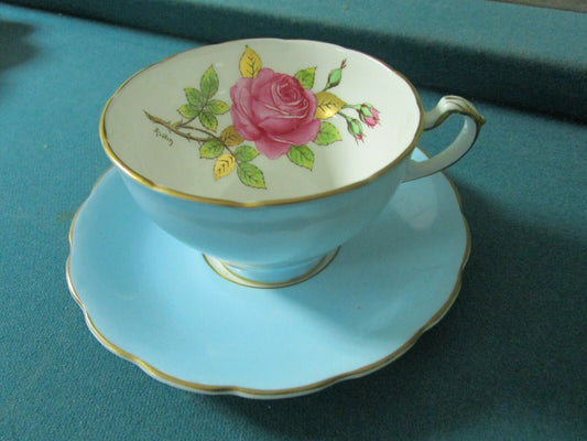 ADDERLEY FLORAL STAFORDSHIRE LIGHT BLUE TEA CUP SAUCER1950s [95B]