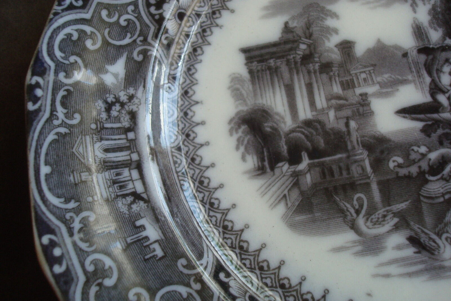 Antique Adams & Sons blackware plate "Athens" pattern, 9 1/2" diam[BP7]