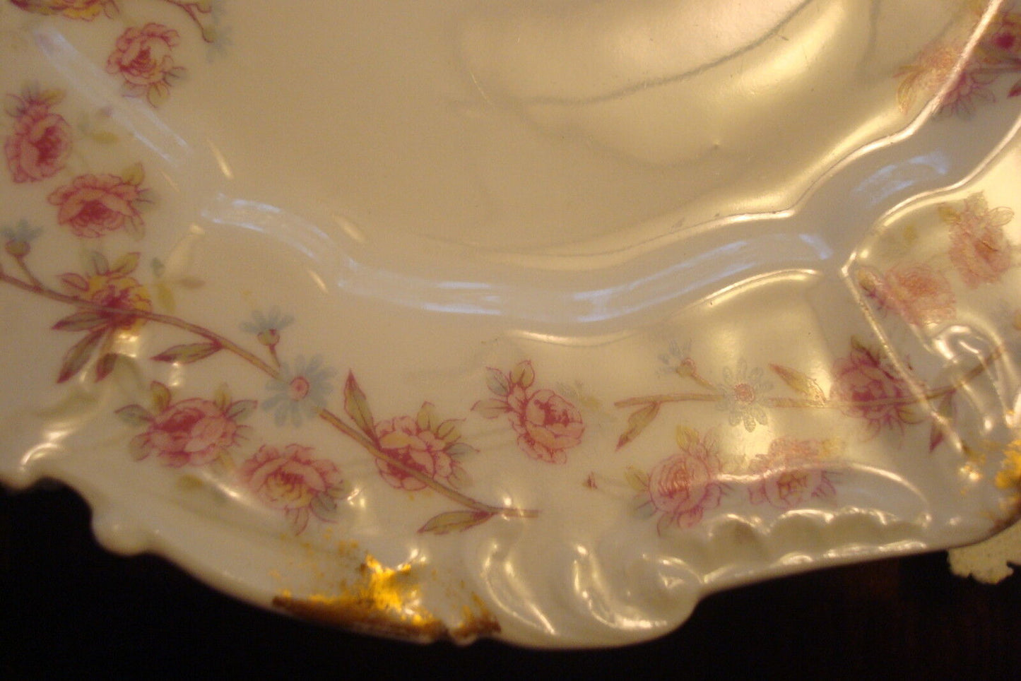 1900s France Limoges 6 bread plates MOLDED BORDERS, GOLD PINK FLOWERS GARLANDS