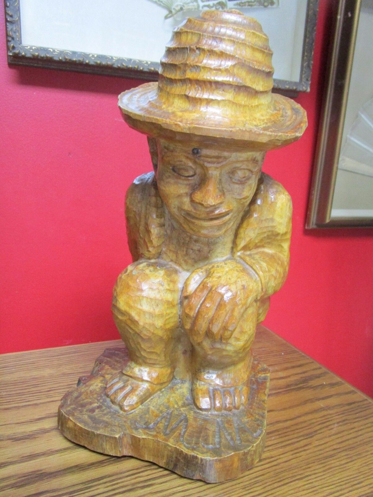 WOOD HAND CARVED sculpture Hispanic ARTIST, SIGNED "MM", POOPING MAN